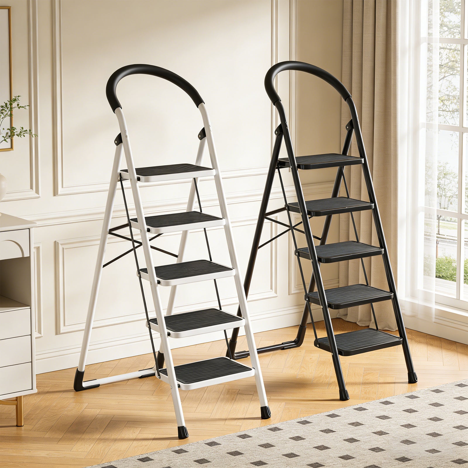 DQQKMM 5 Step Ladder, Folding Step Stool With Extra Wide Anti-Slip Pedal 330 Lbs Capacity (Black)