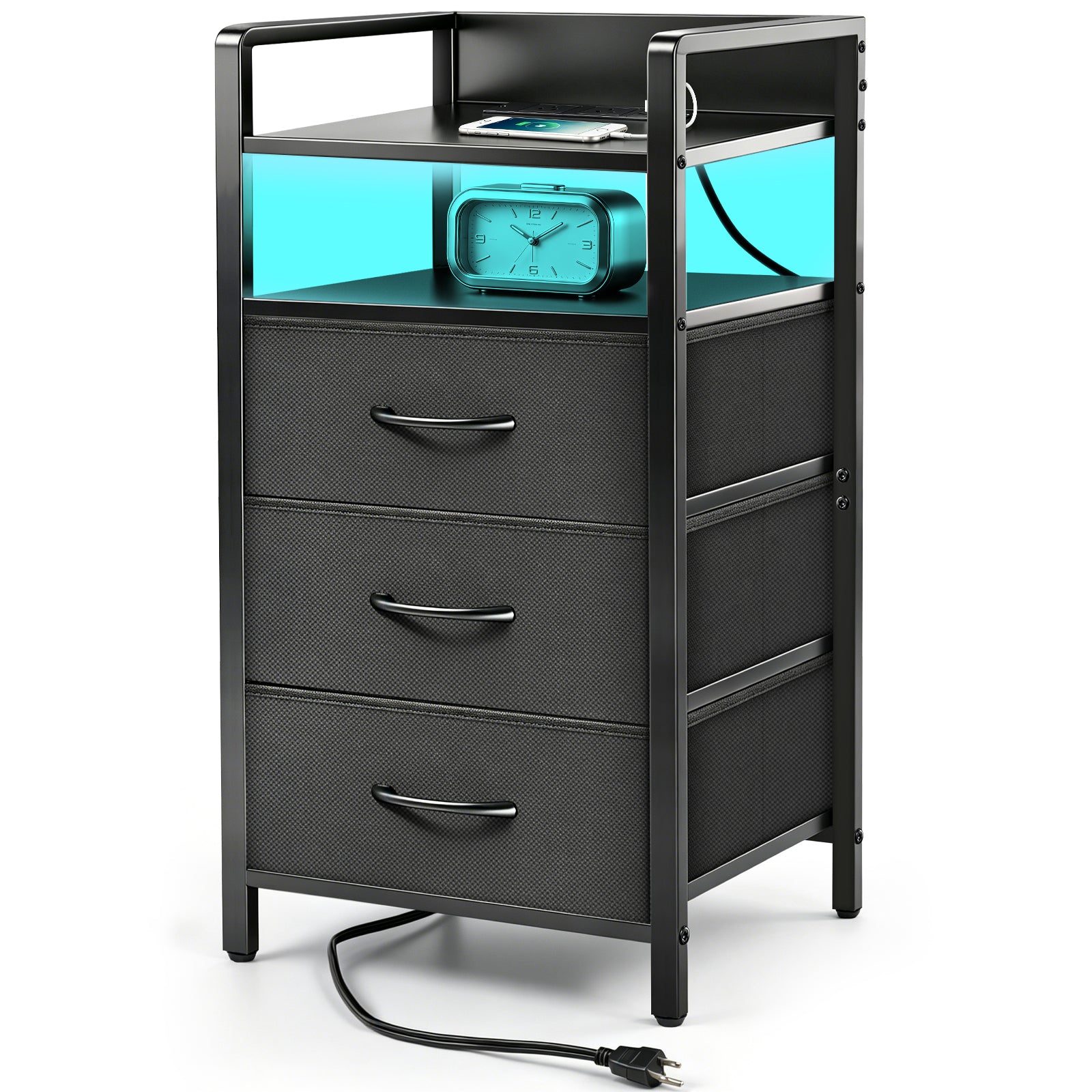 DQQKMM 3 Drawer Black Nightstand with Charging Station & LED Light Strip, Fabric Drawers Bedside Table with Open Shelf for Bedroom Living Room, Night Stand with U-S-B Ports and Outlets