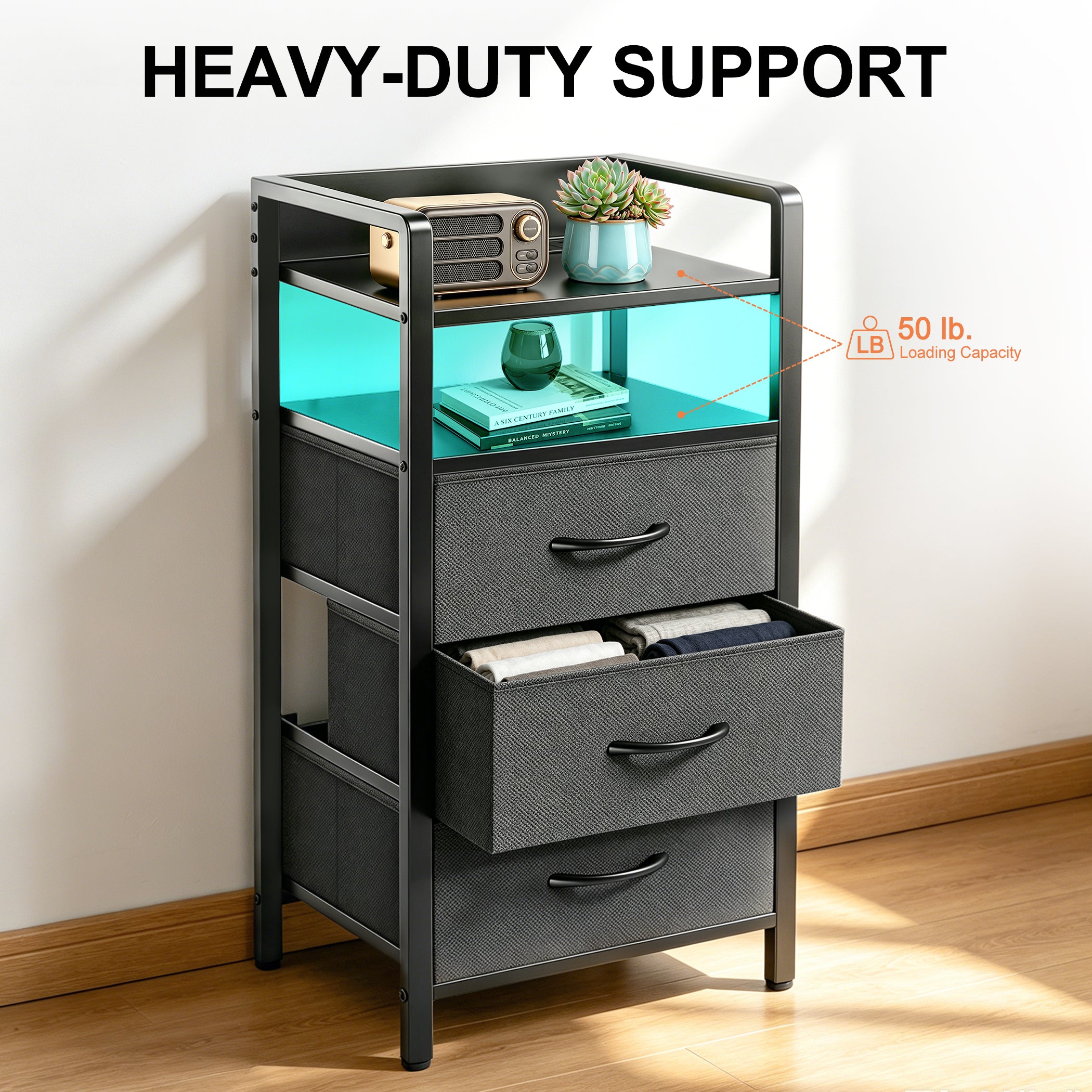 DQQKMM 3 Drawer Black Nightstand with Charging Station & LED Light Strip, Fabric Drawers Bedside Table with Open Shelf for Bedroom Living Room, Night Stand with U-S-B Ports and Outlets