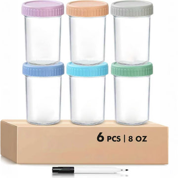 DQQKMM 6 Pack Glass Baby Food Storage Containers, 8oz/236ml Glass Baby Food Jars with Airtight Lids, Small Containers Freezer Storage with Airtight Lids Leak Proof for Baby Food