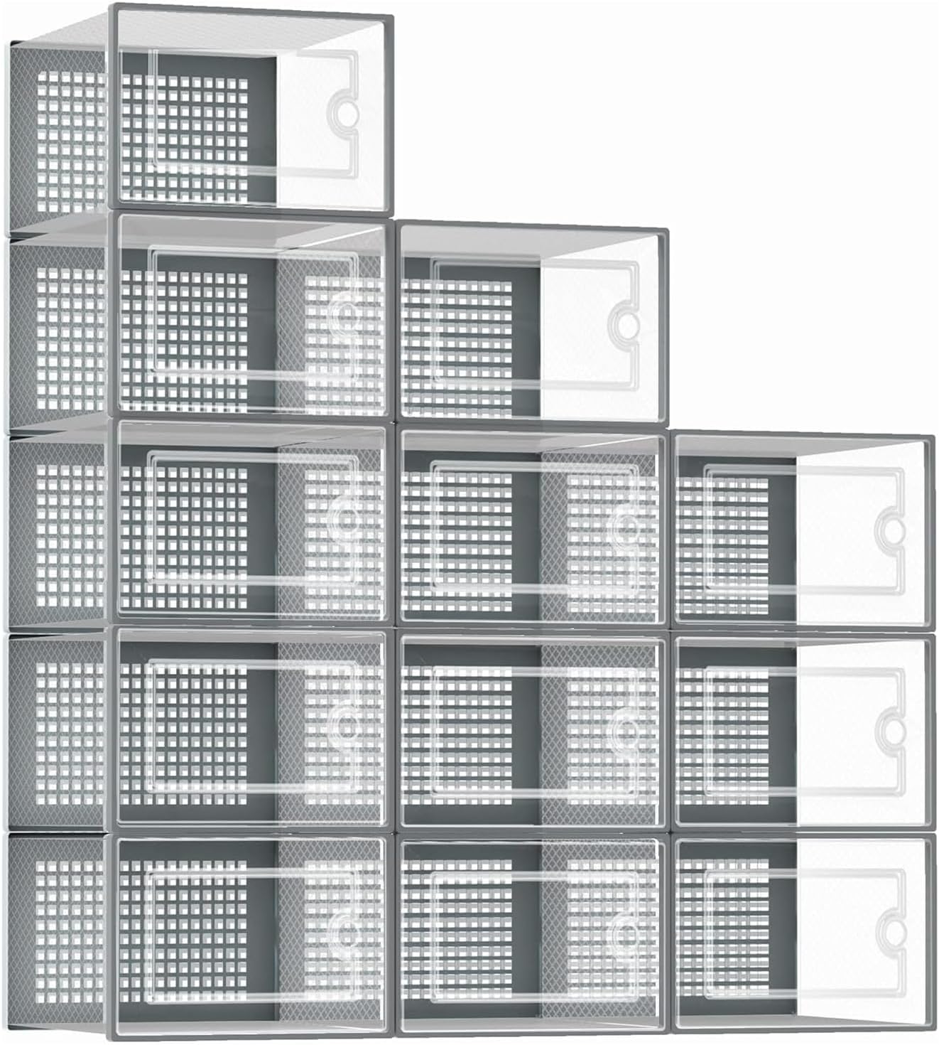 DQQKMM 12-Pack XL Shoe Storage Box, Clear Shoe box Plastic Stackable Shoe Organizer for Closet, Space Saving Foldable Shoe Rack Sneaker Container Bin Holder(gray)