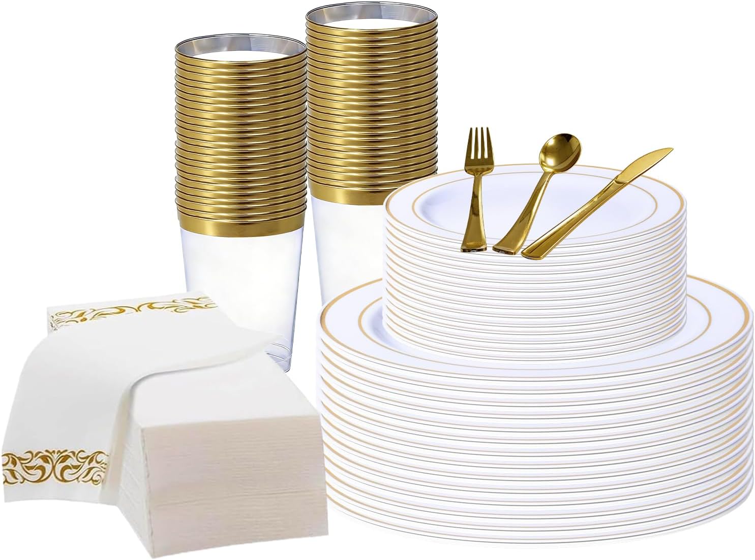 DQQKMM 175Pcs Gold Disposable Dinnerware Set for 25 Guests, for 25 Guests, 50 Plates, 75 Silverware, 25 Napkins, 25 Cups