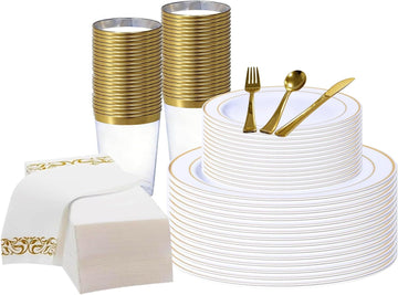 DQQKMM 175Pcs Gold Disposable Dinnerware Set for 25 Guests, for 25 Guests, 50 Plates, 75 Silverware, 25 Napkins, 25 Cups