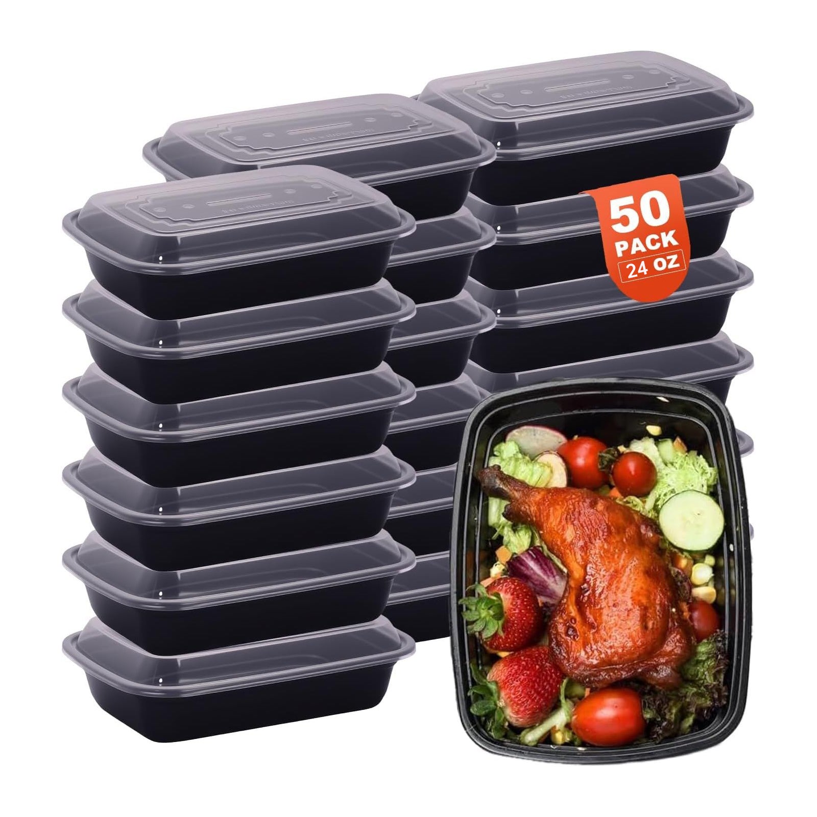DQQKMM 50 Packs Black meal prep containers reusable,food containers with lids,to go container(24 oz)