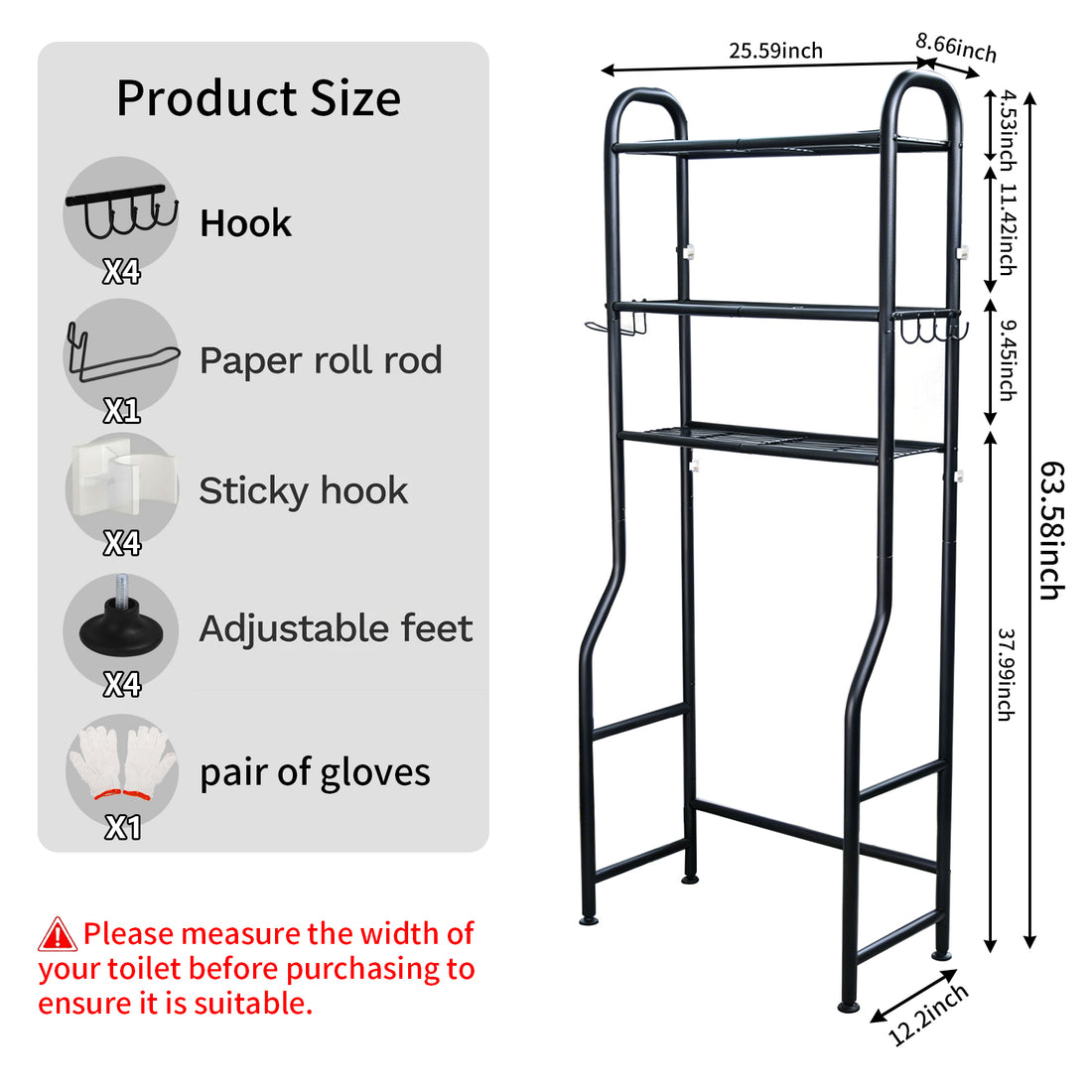 DQQKMM 3-Tier Over The Toilet Storage Rack, Freestanding Metal Over the Toilet Storage Shelf with Paper Holder & Hooks, Space Saver Bathroom Organizer Toilet for Bathroom/Laundry Room, Black