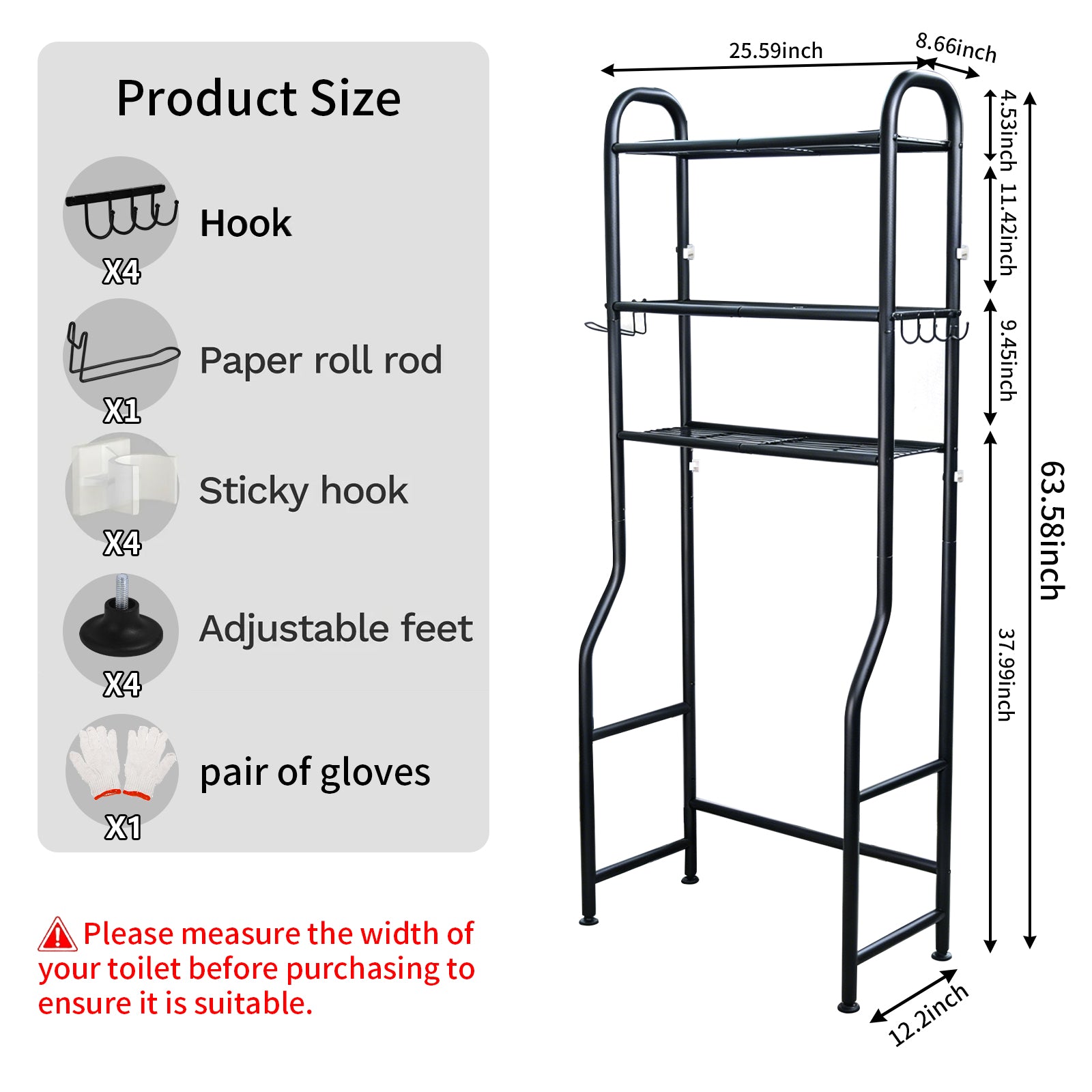 DQQKMM 3-Tier Over The Toilet Storage Rack, Freestanding Metal Over the Toilet Storage Shelf with Paper Holder & Hooks, Space Saver Bathroom Organizer Toilet for Bathroom/Laundry Room, Black