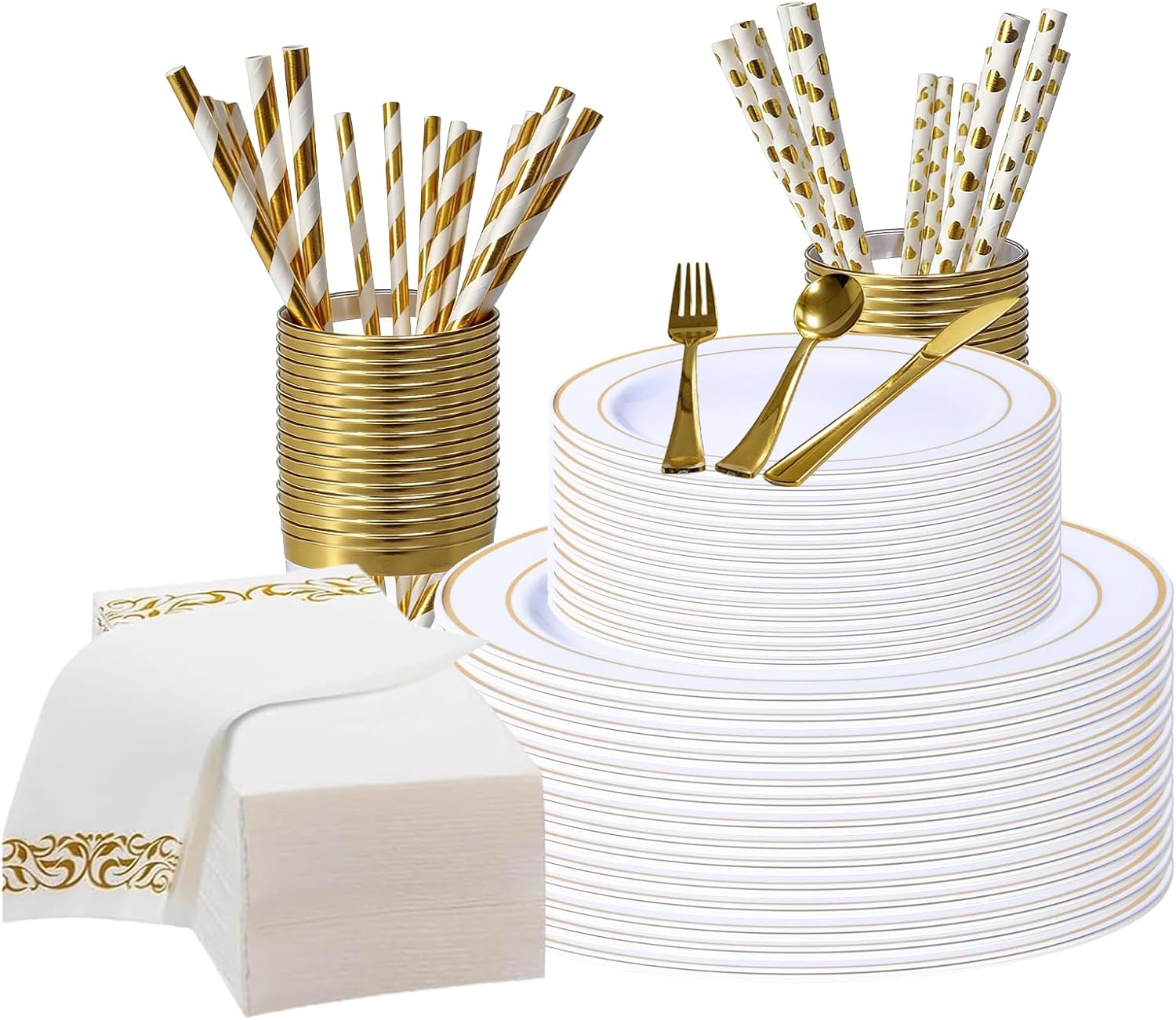 DQQKMM 225Pcs Gold Disposable Dinnerware Set for 25 Guests, 50 Plates, 75 Silverware(25 knives, 25 forks, 25 spoons), 25 Napkins, 25 Cups & 50 Straws