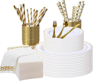 DQQKMM 225Pcs Gold Disposable Dinnerware Set for 25 Guests, 50 Plates, 75 Silverware(25 knives, 25 forks, 25 spoons), 25 Napkins, 25 Cups & 50 Straws