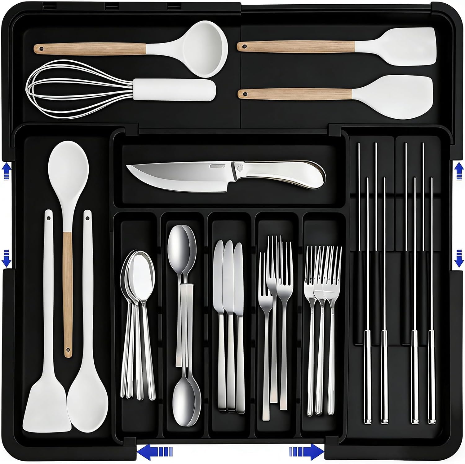DQQKMM Larger Cutlery Drawer Organiser,Expandable Drawer Organizer with 9 Compartments, 3-sided Cutlery Organiser, Adjustable Cutlery Tray,utensil drawer organiser for Spoons,Forks and Knives (black)