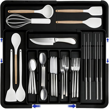 DQQKMM Larger Cutlery Drawer Organiser,Expandable Drawer Organizer with 9 Compartments, 3-sided Cutlery Organiser, Adjustable Cutlery Tray,utensil drawer organiser for Spoons,Forks and Knives (black)