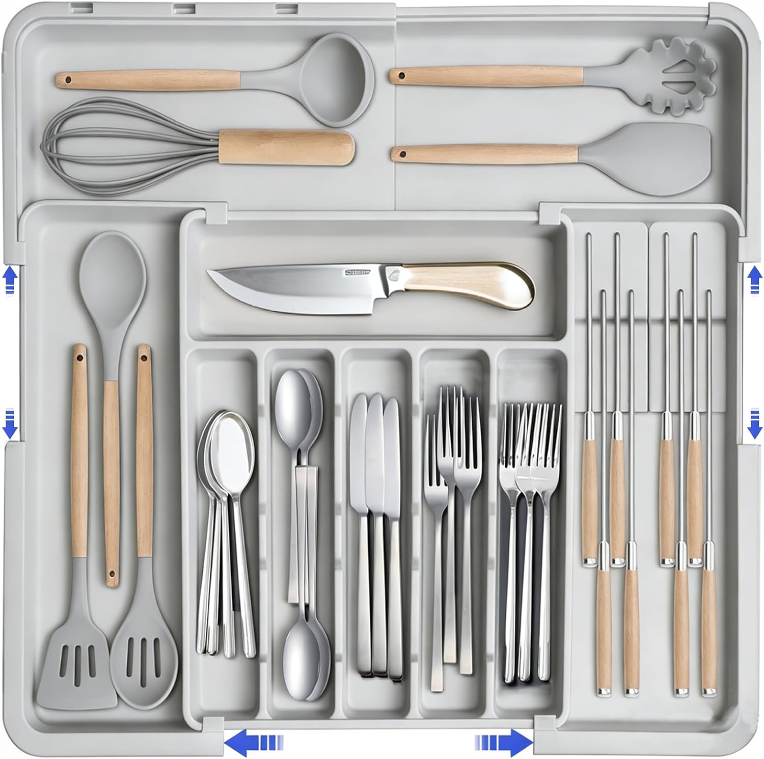 DQQKMM Larger Cutlery Drawer Organiser,Expandable Drawer Organizer with 9 Compartments, 3-sided Cutlery Organiser, Adjustable Cutlery Tray,utensil drawer organiser for Spoons,Forks and Knives (grey)