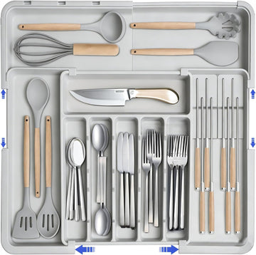 DQQKMM Larger Cutlery Drawer Organiser,Expandable Drawer Organizer with 9 Compartments, 3-sided Cutlery Organiser, Adjustable Cutlery Tray,utensil drawer organiser for Spoons,Forks and Knives (grey)