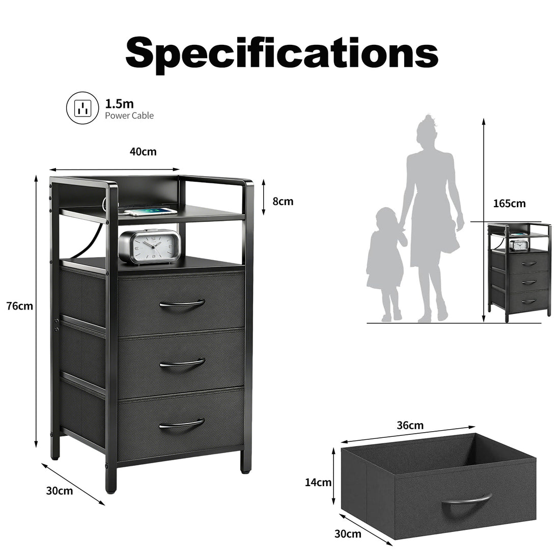 DQQKMM 3 Drawer Black Nightstand with Charging Station & LED Light Strip, Fabric Drawers Bedside Table with Open Shelf for Bedroom Living Room, Night Stand with U-S-B Ports and Outlets