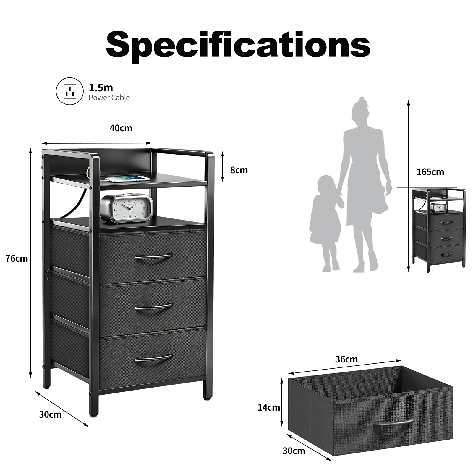 DQQKMM 3 Drawer Black Nightstand with Charging Station & LED Light Strip, Fabric Drawers Bedside Table with Open Shelf for Bedroom Living Room, Night Stand with U-S-B Ports and Outlets