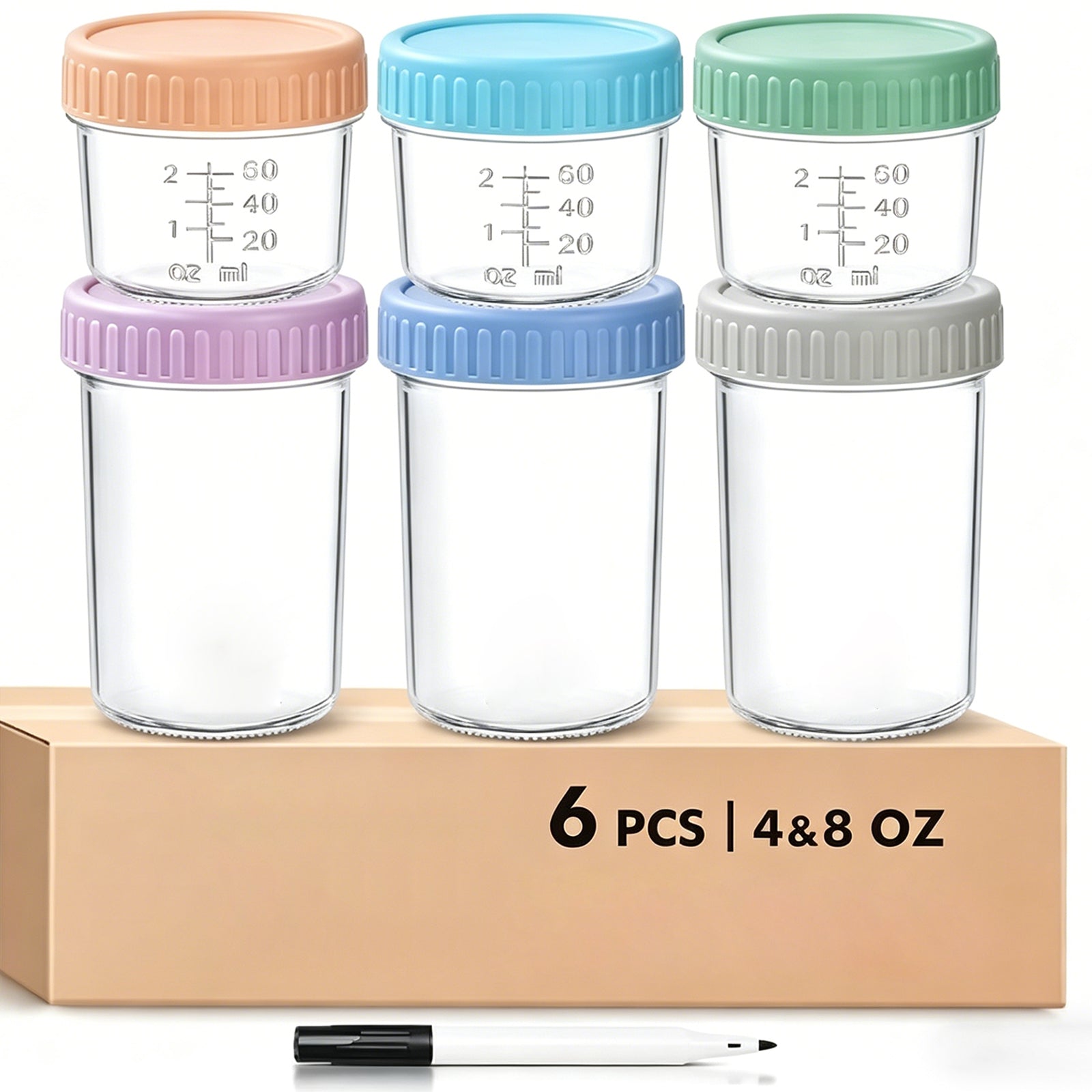 DQQKMM 6 Pack Glass Baby Food Storage Containers, 4oz/8oz Glass Baby Food Jars with Airtight Lids, Small Containers Freezer Storage with Airtight Lids Leak Proof for Baby Food