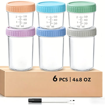 DQQKMM 6 Pack Glass Baby Food Storage Containers, 4oz/8oz Glass Baby Food Jars with Airtight Lids, Small Containers Freezer Storage with Airtight Lids Leak Proof for Baby Food