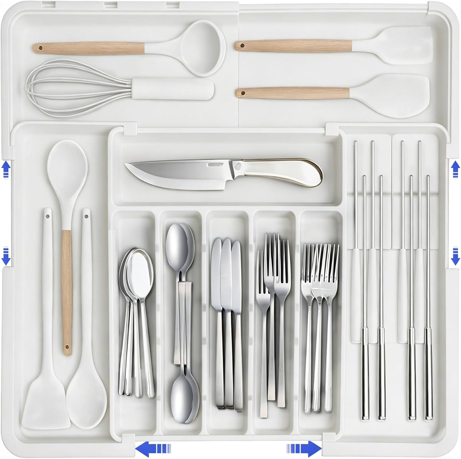 DQQKMM Larger Cutlery Drawer Organiser,Expandable Drawer Organizer with 9 Compartments, 3-sided Cutlery Organiser, Adjustable Cutlery Tray,utensil drawer organiser for Spoons,Forks and Knives (white)