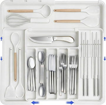 DQQKMM Larger Cutlery Drawer Organiser,Expandable Drawer Organizer with 9 Compartments, 3-sided Cutlery Organiser, Adjustable Cutlery Tray,utensil drawer organiser for Spoons,Forks and Knives (white)