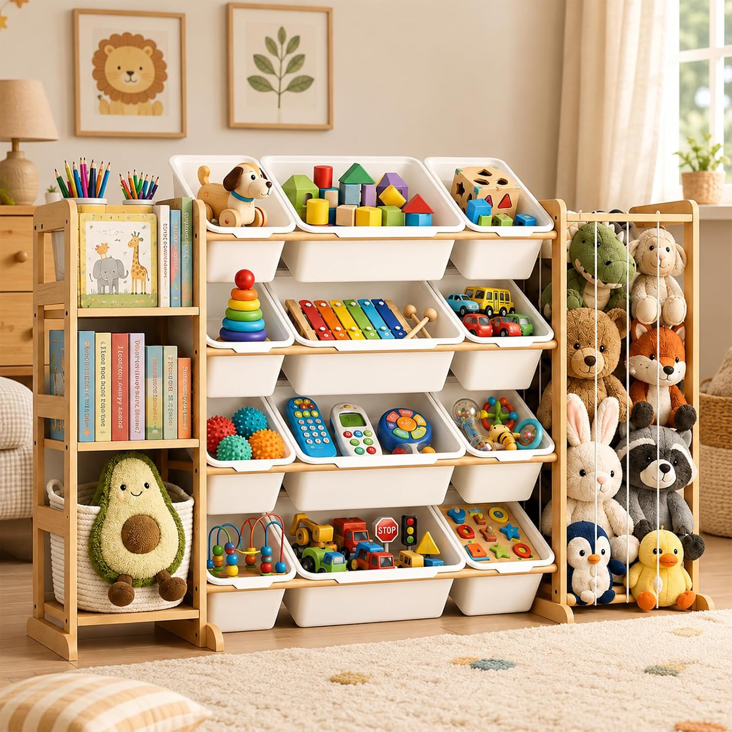 DQQKMM 3-in-1 Toy Storage Organizer with Bookshelf & Stuffed Animal Holder, Kids Toy Shelf with 12 Storage Bins, Wooden Playroom Storage Rack for Bedroom, Space-Saving Toy & Bookcase for Kids Rooms