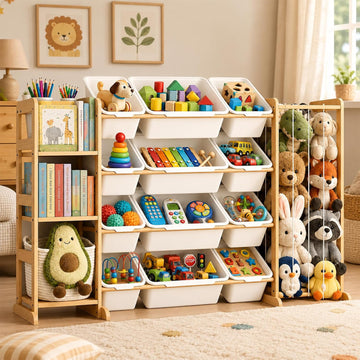 DQQKMM 3-in-1 Toy Storage Organizer with Bookshelf & Stuffed Animal Holder, Kids Toy Shelf with 12 Storage Bins, Wooden Playroom Storage Rack for Bedroom, Space-Saving Toy & Bookcase for Kids Rooms