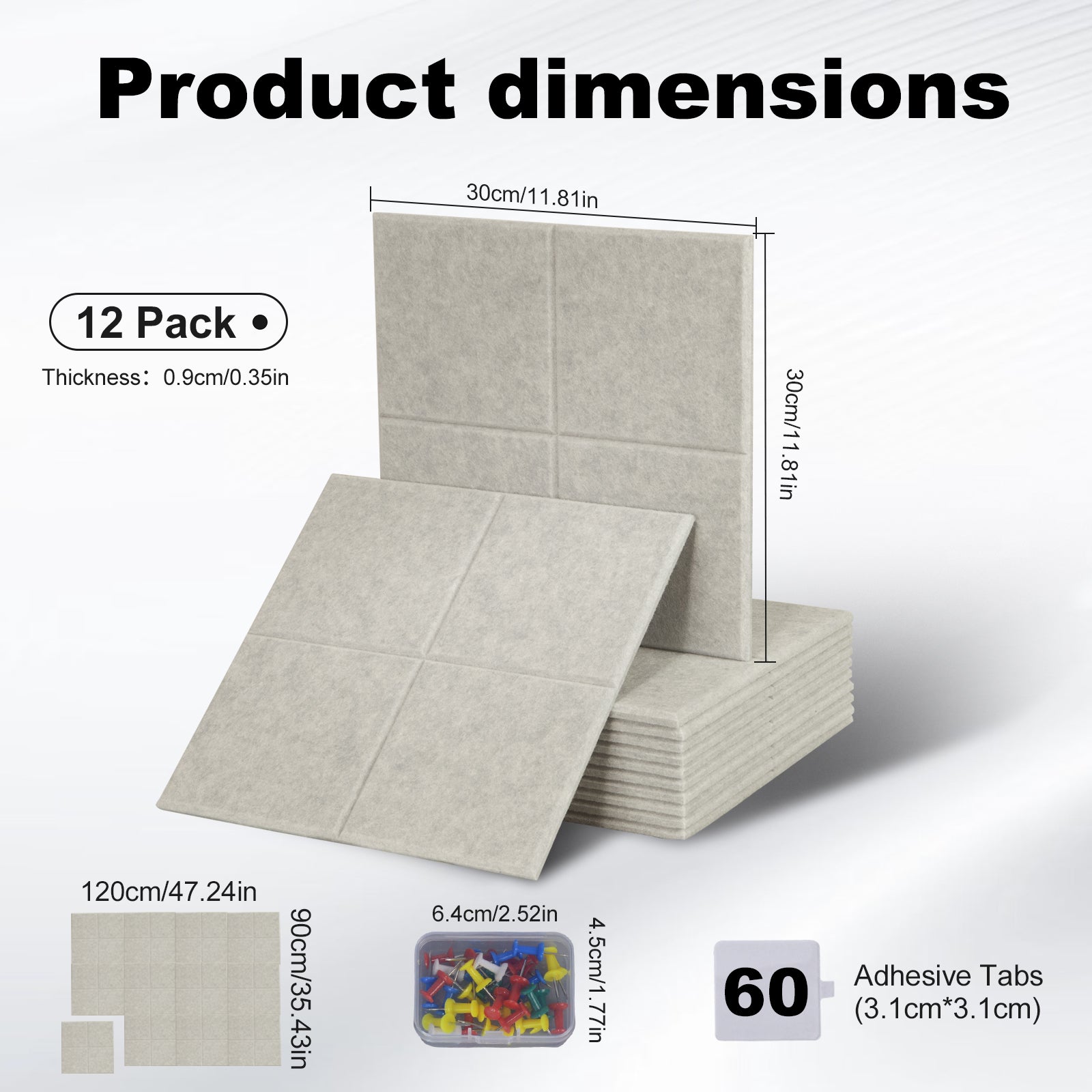 DQQKMM 48" x 36" Large Felt Bulletin Board 12 Pack, Sound Absorbing Panel Wall Organizer with 60 Adhesive Tabs & 60 Push Pins for Home , Office