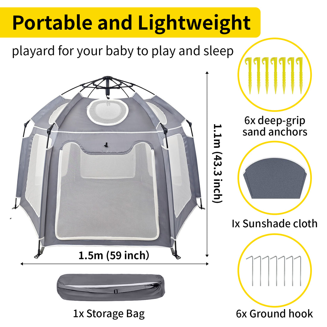 Portable Pop-Up Tent with Canopy - Mosquito Net & UV Protection Playpen, Lightweight Foldable Design for Beach, Garden and Indoor Use, Easy Setup (1.5m x 1.1m, Grey)