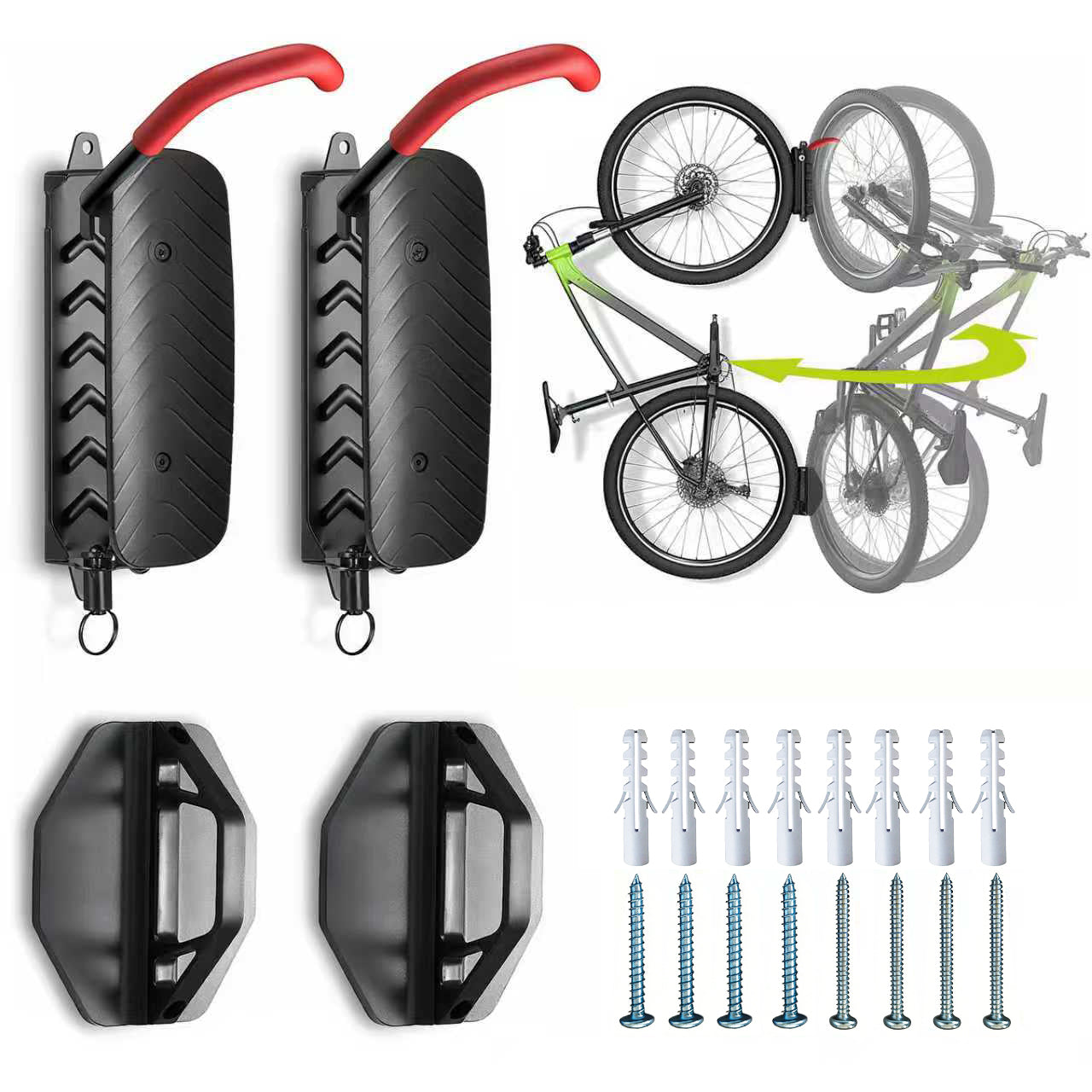 2 Pack Swivel Bike Wall Mount Rack, Adjustable Bike Wall Hanger, Holds Up to 66 lbs - Red