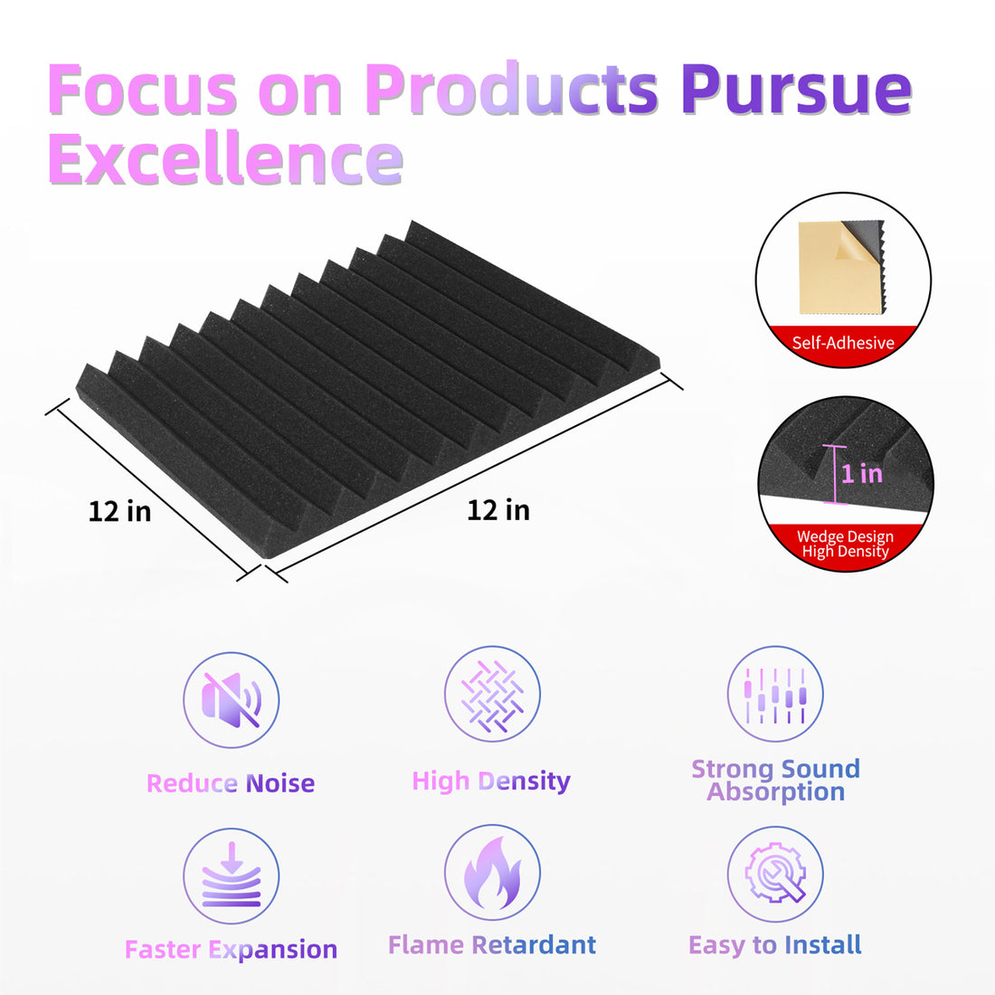DQQKMM 24 Pack Sound Deadening Panels,12"X12"X1" Acoustic Sound Panels, Noise Canceling Foam Wedge Panels