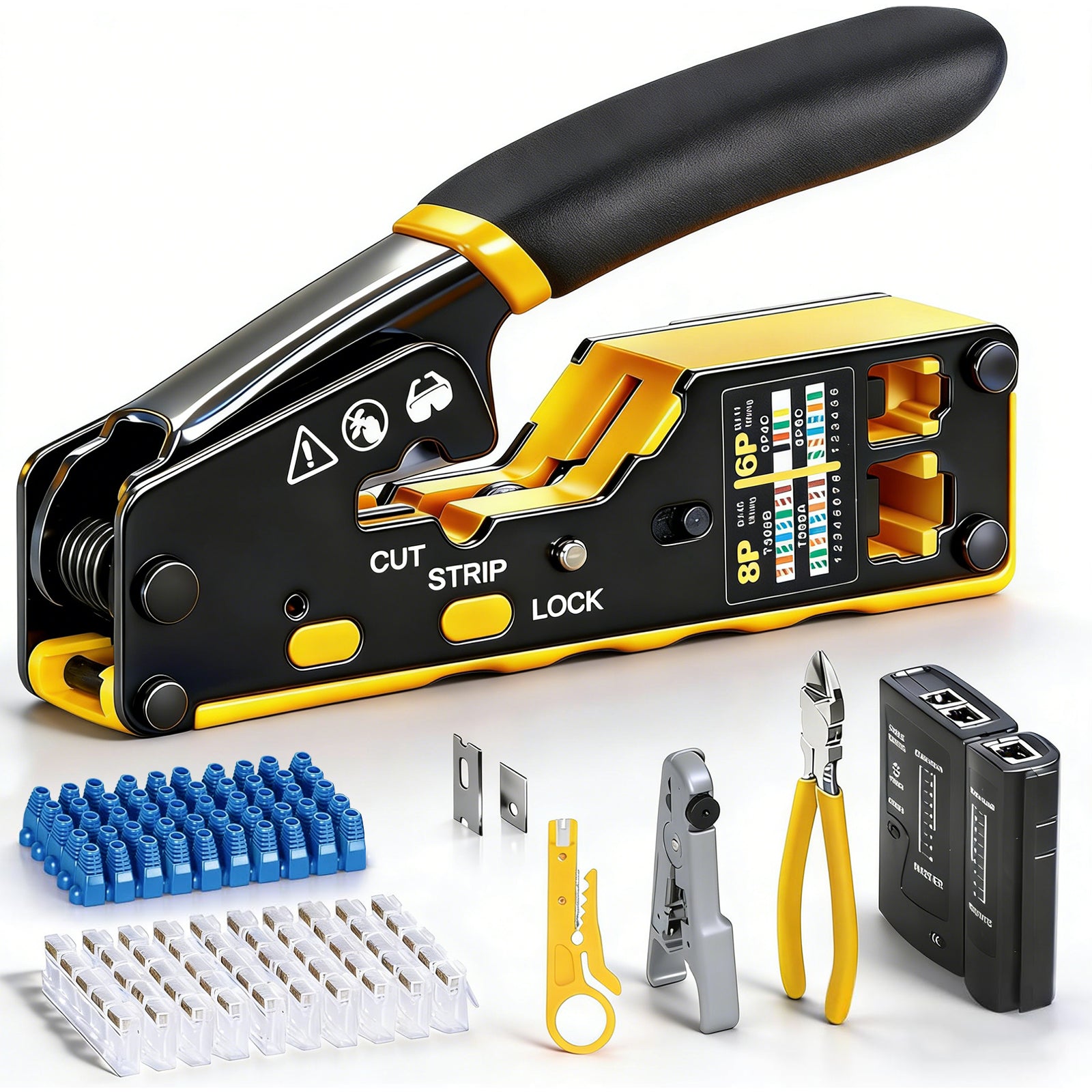 DQQKMM Ethernet Crimping Tool Kit RJ45 Crimp Tools, Cat5 Cat5e Cat6 Tool Kit with Cable Tester, Network Stripper, Blades, 50PCS Cat6 Pass Through Connectors and Strain Relief Boots