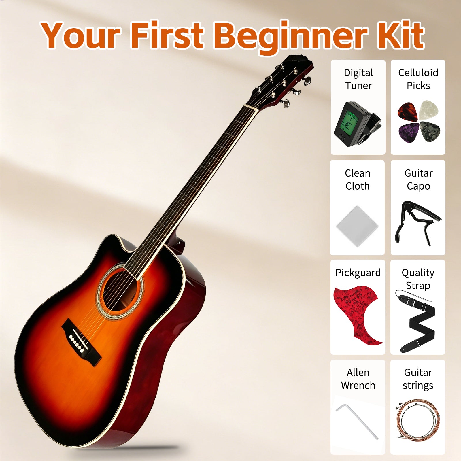 DQQKMM 41" Full-Size Cutaway Acoustic Guitar Kit for Adults & Beginners, Dreadnought Wooden Guitar Bundle with Gig Bag, Tuner, Capo, Strings & More, Sunburst Right-Handed