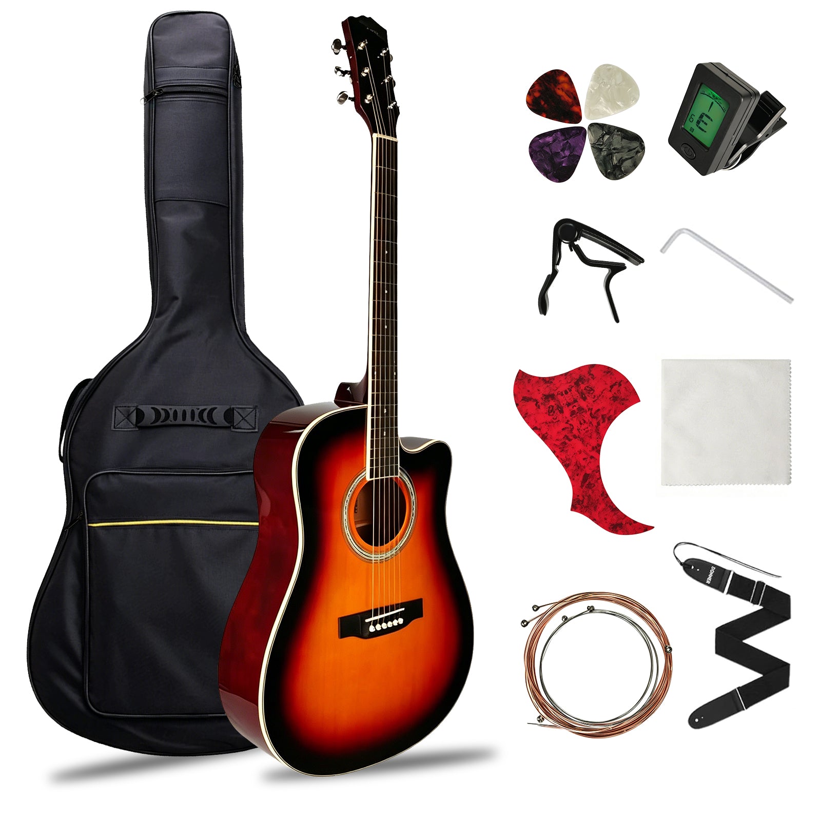 DQQKMM 41" Full-Size Cutaway Acoustic Guitar Kit for Adults & Beginners, Dreadnought Wooden Guitar Bundle with Gig Bag, Tuner, Capo, Strings & More, Sunburst Right-Handed