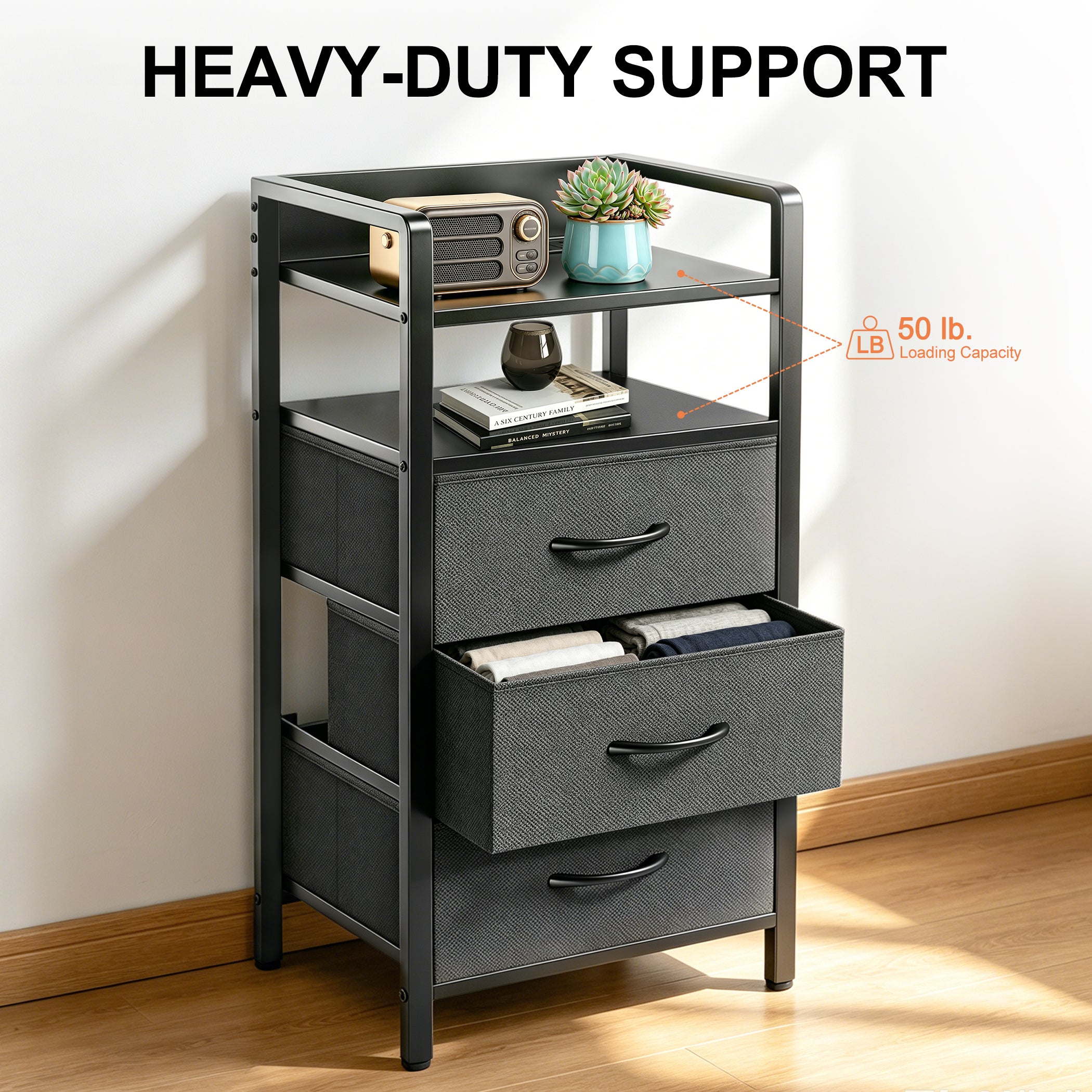 DQQKMM 3 Drawer Black Nightstand with Charging Station & LED Light Strip, Fabric Drawers Bedside Table with Open Shelf for Bedroom Living Room, Night Stand with U-S-B Ports and Outlets