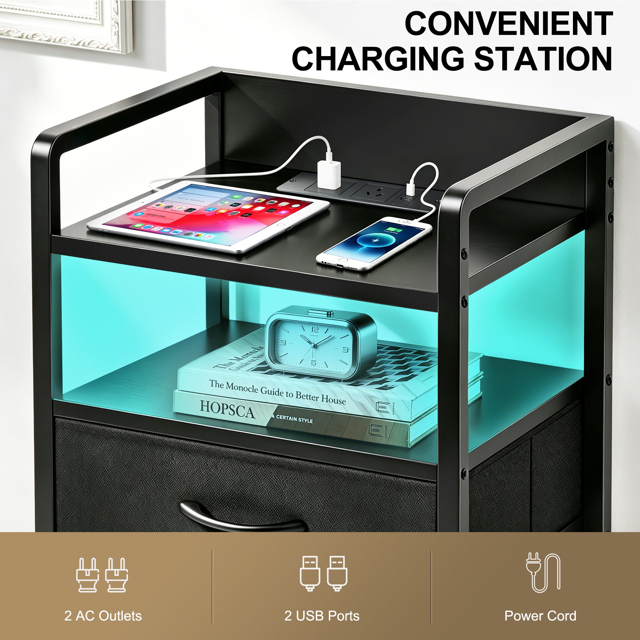 DQQKMM 3 Drawer Black Nightstand with Charging Station & LED Light Strip, Fabric Drawers Bedside Table with Open Shelf for Bedroom Living Room, Night Stand with U-S-B Ports and Outlets