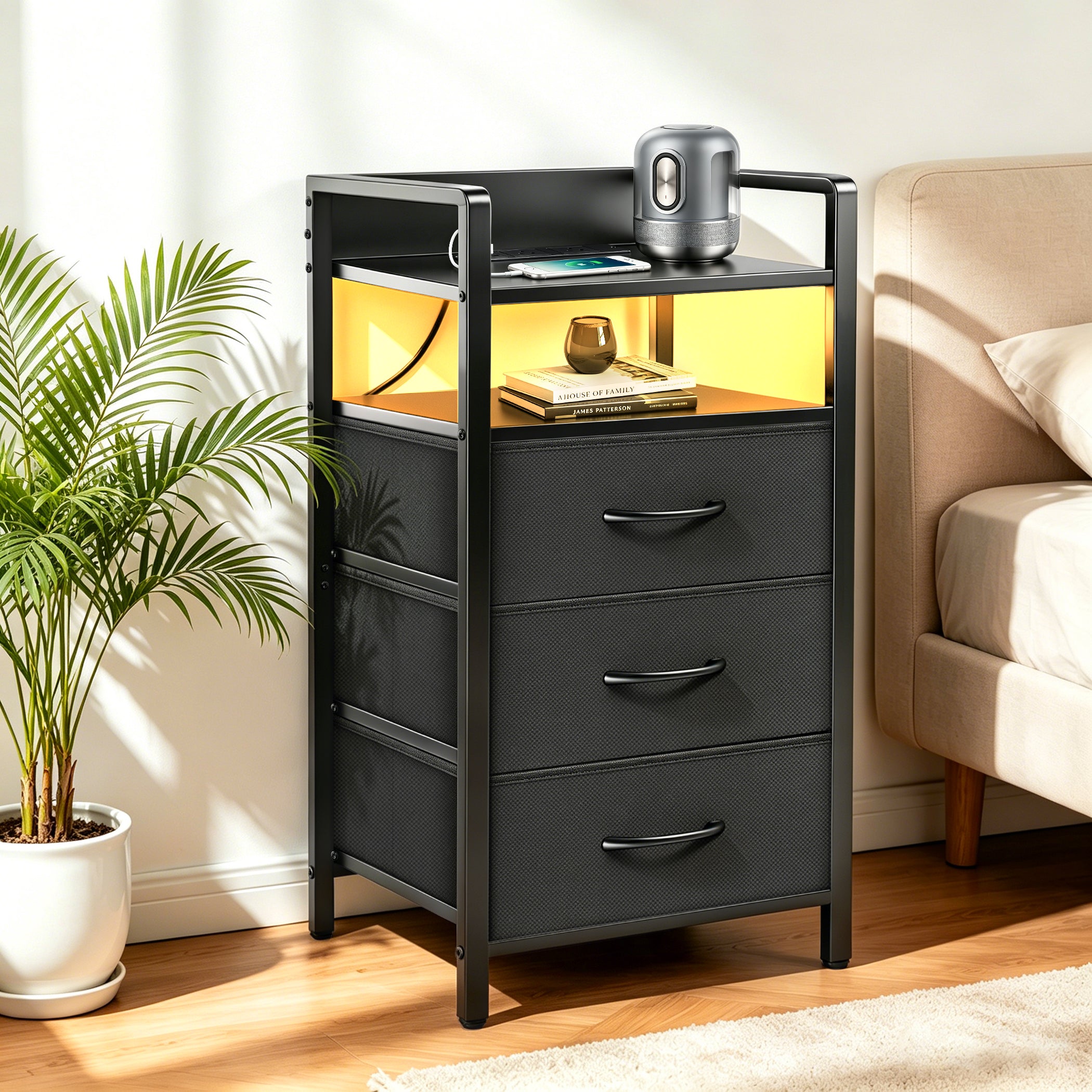 DQQKMM 3 Drawer Black Nightstand with Charging Station & LED Light Strip, Fabric Drawers Bedside Table with Open Shelf for Bedroom Living Room, Night Stand with U-S-B Ports and Outlets
