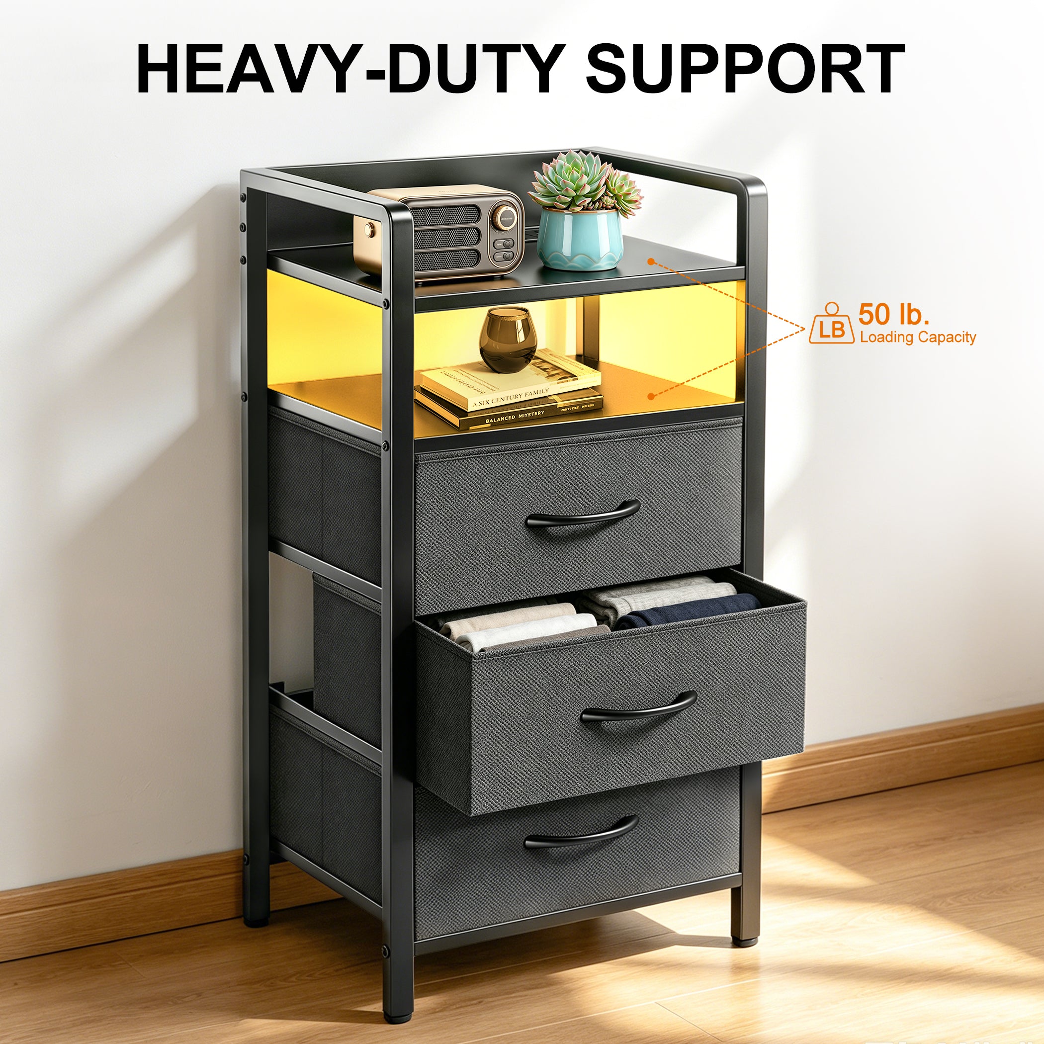 DQQKMM 3 Drawer Black Nightstand with Charging Station & LED Light Strip, Fabric Drawers Bedside Table with Open Shelf for Bedroom Living Room, Night Stand with U-S-B Ports and Outlets