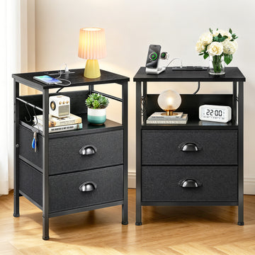 DQQKMM Set of 2 Nightstand with Charging Station, 2 Fabric Drawers Bedside End Table with USB Ports & Outlets for Bedroom Living Room,Black Oak