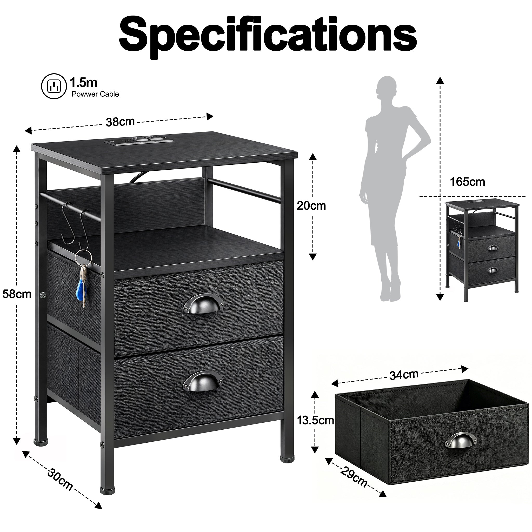DQQKMM Set of 2 Nightstand with Charging Station, 2 Fabric Drawers Bedside End Table with USB Ports & Outlets for Bedroom Living Room,Black Oak