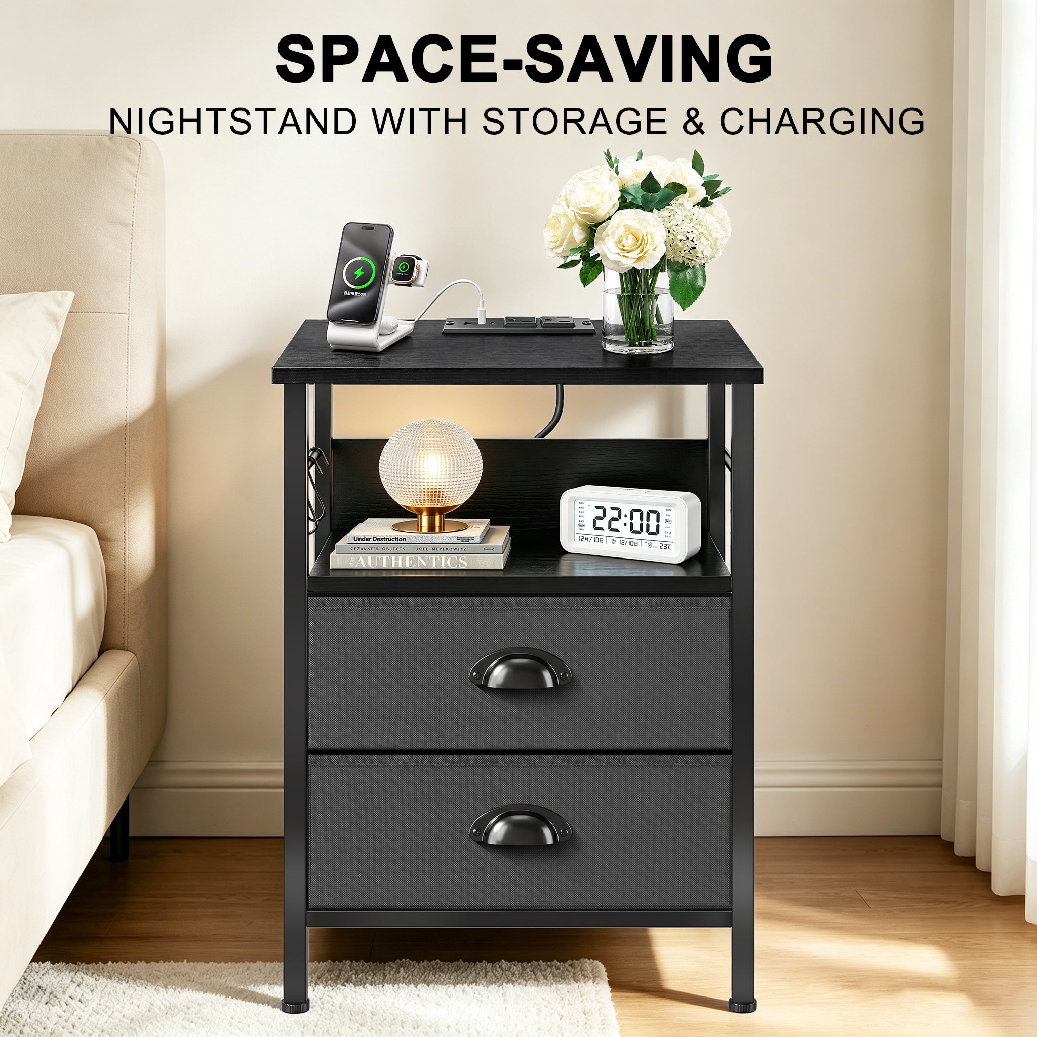 DQQKMM Set of 2 Nightstand with Charging Station, 2 Fabric Drawers Bedside End Table with USB Ports & Outlets for Bedroom Living Room,Black Oak