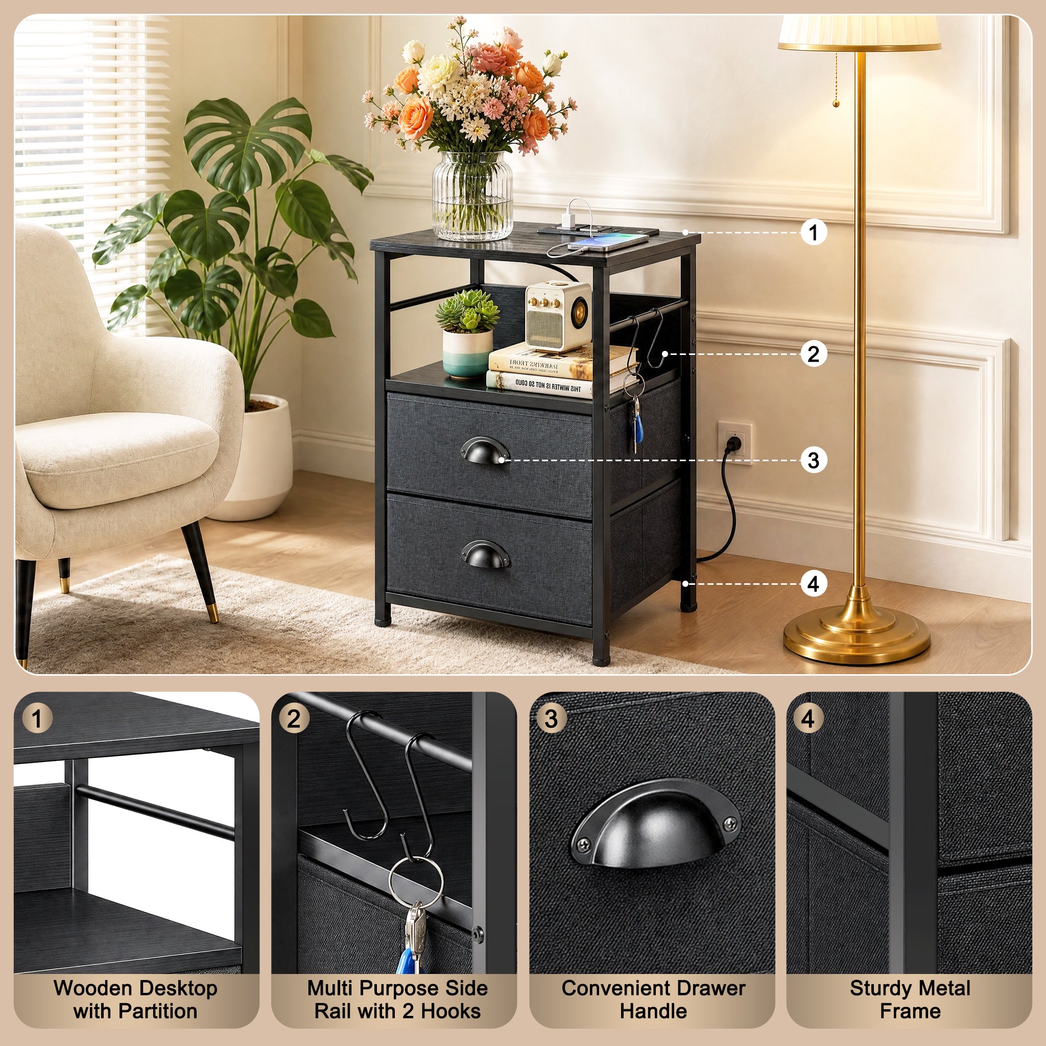 DQQKMM Set of 2 Nightstand with Charging Station, 2 Fabric Drawers Bedside End Table with USB Ports & Outlets for Bedroom Living Room,Black Oak