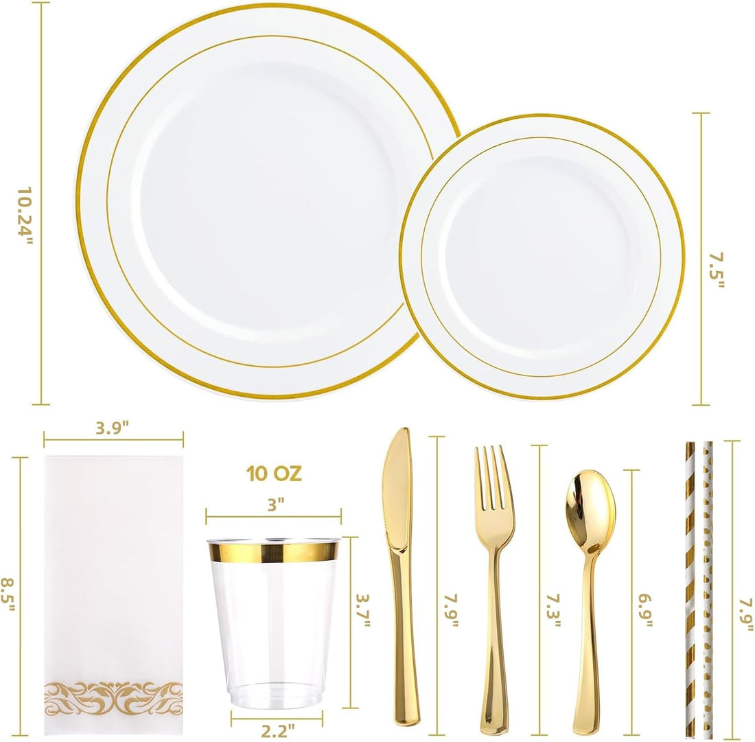 DQQKMM 225Pcs Gold Disposable Dinnerware Set for 25 Guests, 50 Plates, 75 Silverware(25 knives, 25 forks, 25 spoons), 25 Napkins, 25 Cups & 50 Straws