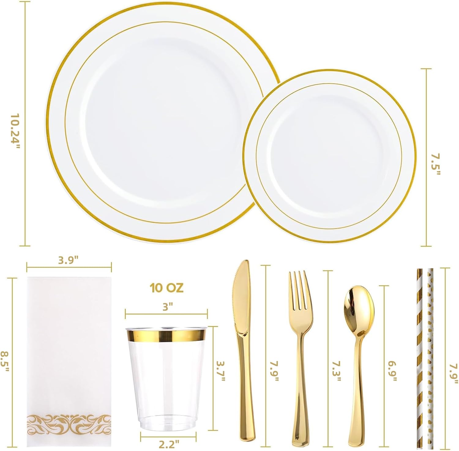 DQQKMM 225Pcs Gold Disposable Dinnerware Set for 25 Guests, 50 Plates, 75 Silverware(25 knives, 25 forks, 25 spoons), 25 Napkins, 25 Cups & 50 Straws