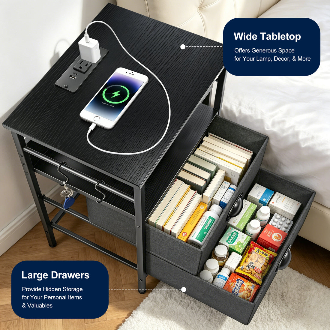 DQQKMM Set of 2 Nightstand with Charging Station, 2 Fabric Drawers Bedside End Table with USB Ports & Outlets for Bedroom Living Room,Black Oak