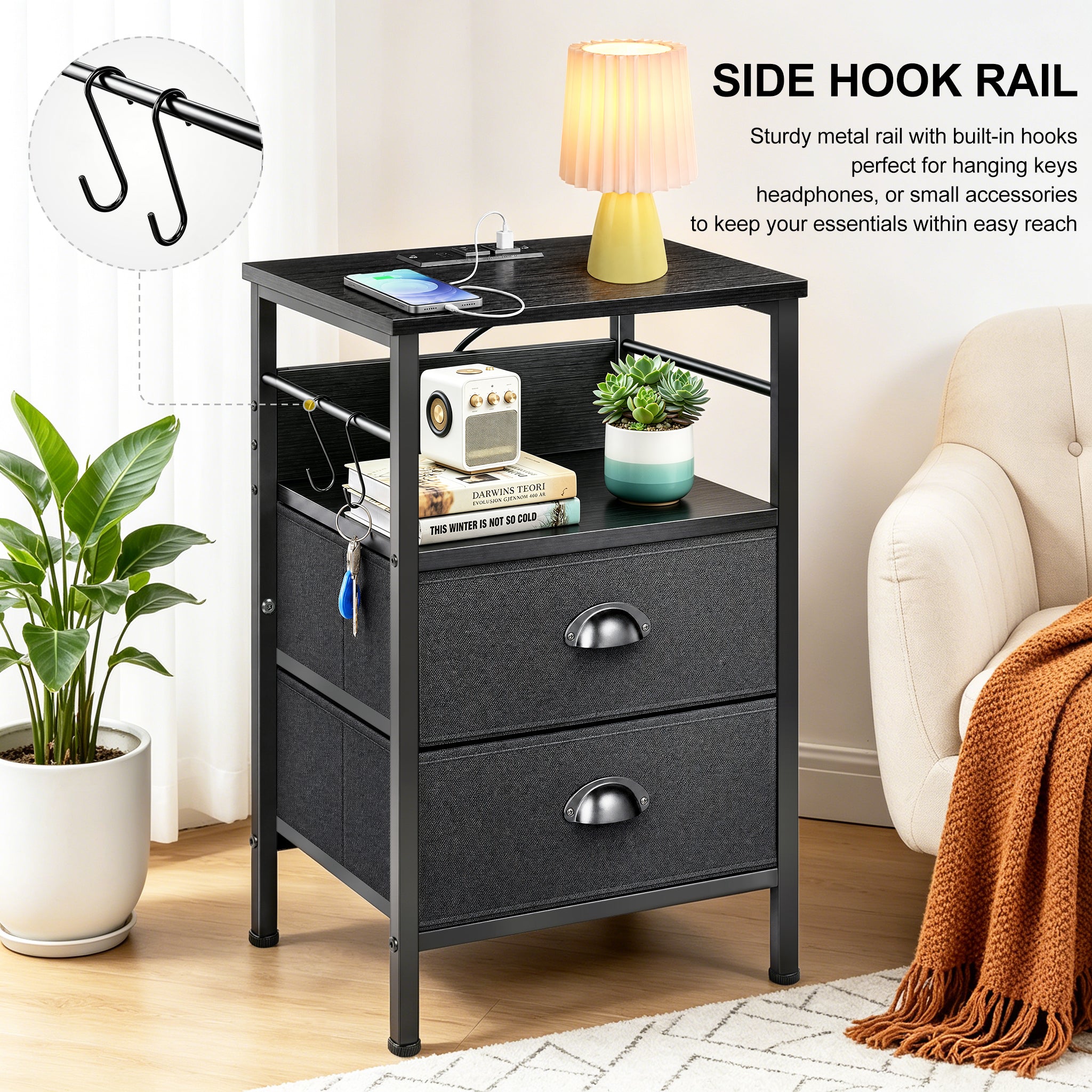 DQQKMM Set of 2 Nightstand with Charging Station, 2 Fabric Drawers Bedside End Table with USB Ports & Outlets for Bedroom Living Room,Black Oak