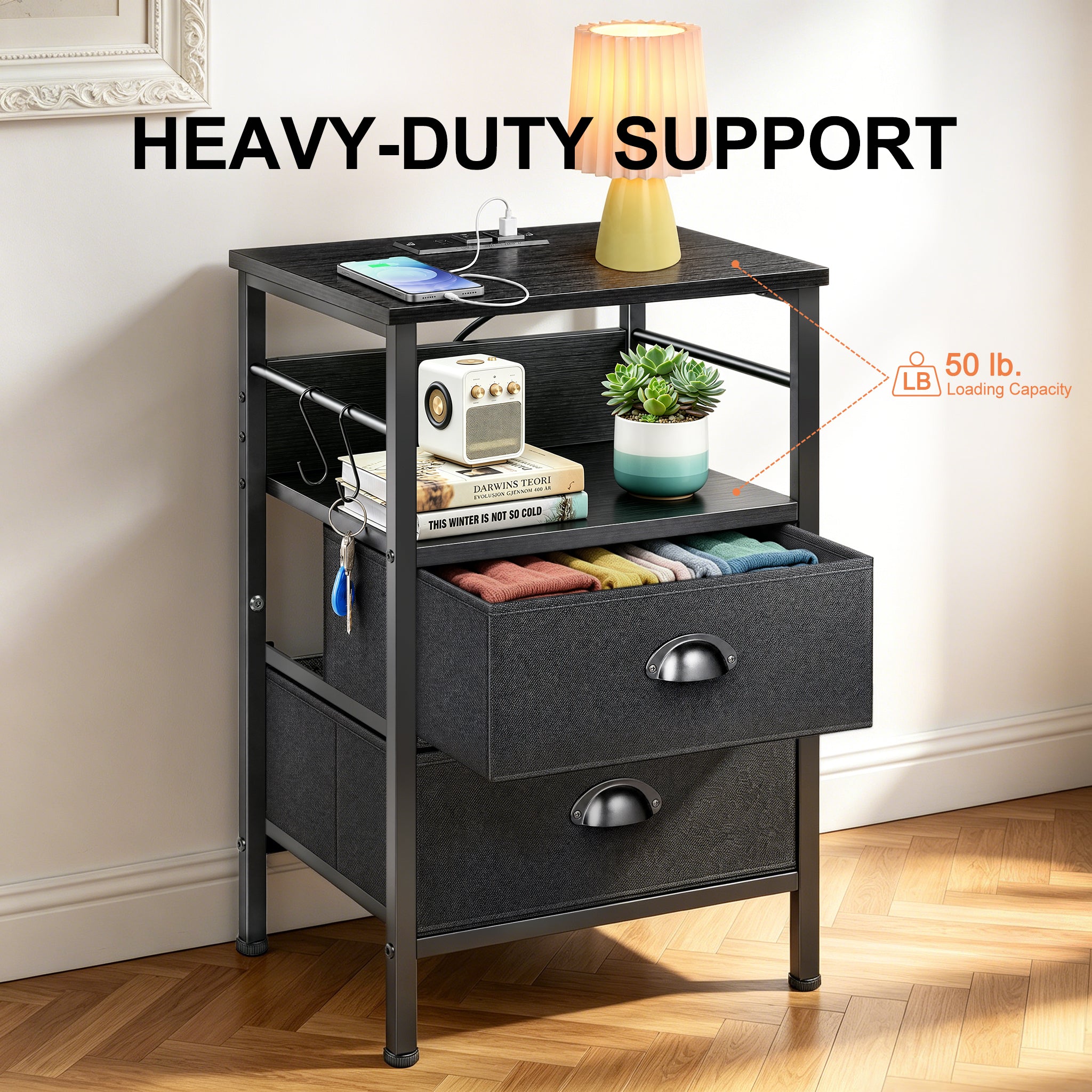 DQQKMM Set of 2 Nightstand with Charging Station, 2 Fabric Drawers Bedside End Table with USB Ports & Outlets for Bedroom Living Room,Black Oak