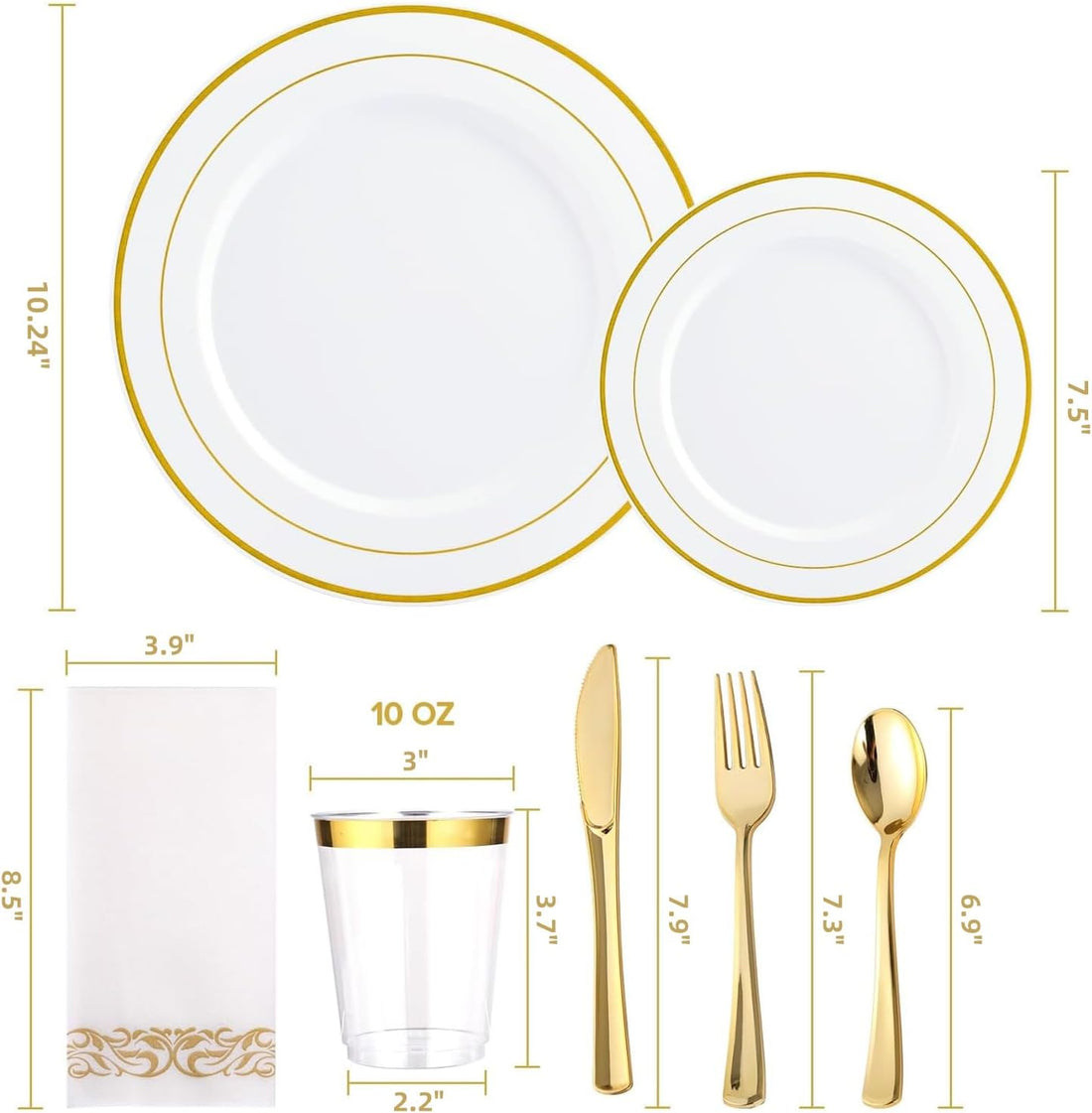 DQQKMM 175Pcs Gold Disposable Dinnerware Set for 25 Guests, for 25 Guests, 50 Plates, 75 Silverware, 25 Napkins, 25 Cups