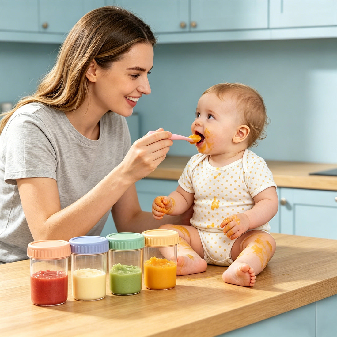 DQQKMM 6 Pack Glass Baby Food Storage Containers, 4oz/8oz Glass Baby Food Jars with Airtight Lids, Small Containers Freezer Storage with Airtight Lids Leak Proof for Baby Food