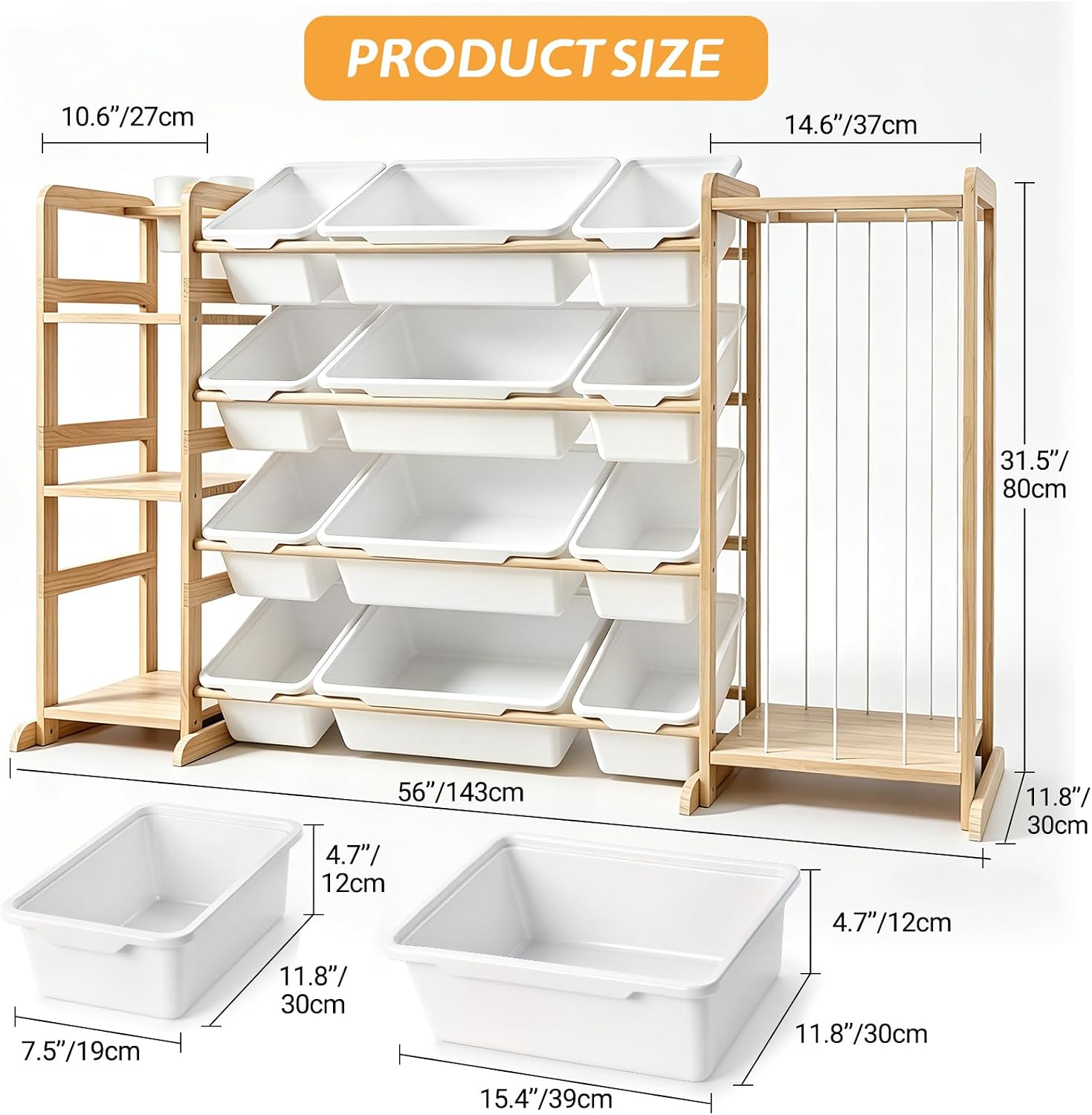 DQQKMM 3-in-1 Toy Storage Organizer with Bookshelf & Stuffed Animal Holder, Kids Toy Shelf with 12 Storage Bins, Wooden Playroom Storage Rack for Bedroom, Space-Saving Toy & Bookcase for Kids Rooms