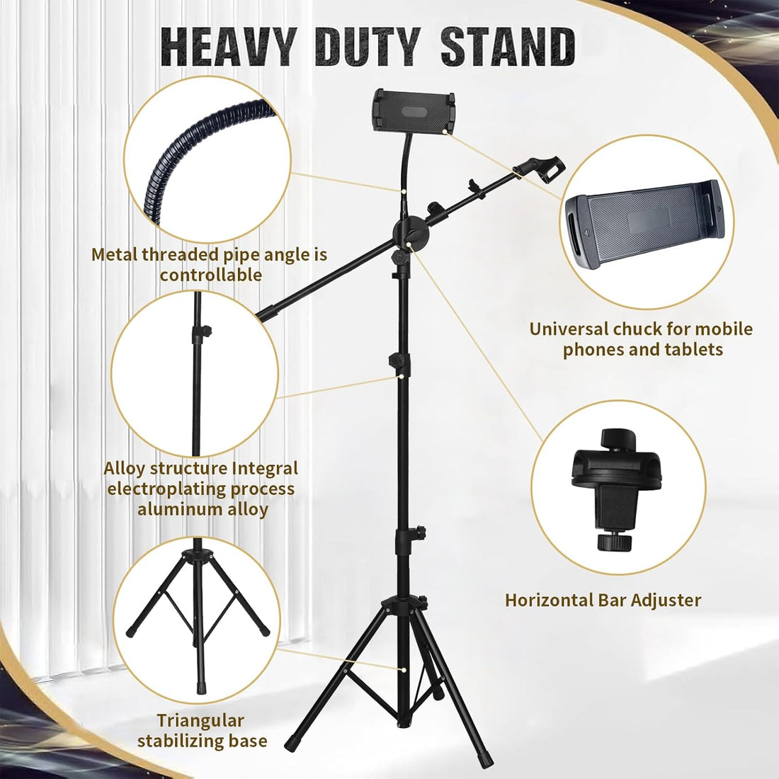 DQQKMM Tripod Mic Stand, 2-in-1 Adjustable Floor Stand with Boom Arm, Dual-Use Holder with Bag for Singing Studio