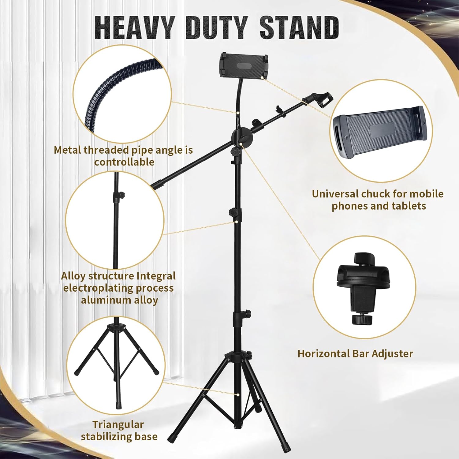 DQQKMM Tripod Mic Stand, 2-in-1 Adjustable Floor Stand with Boom Arm, Dual-Use Holder with Bag for Singing Studio