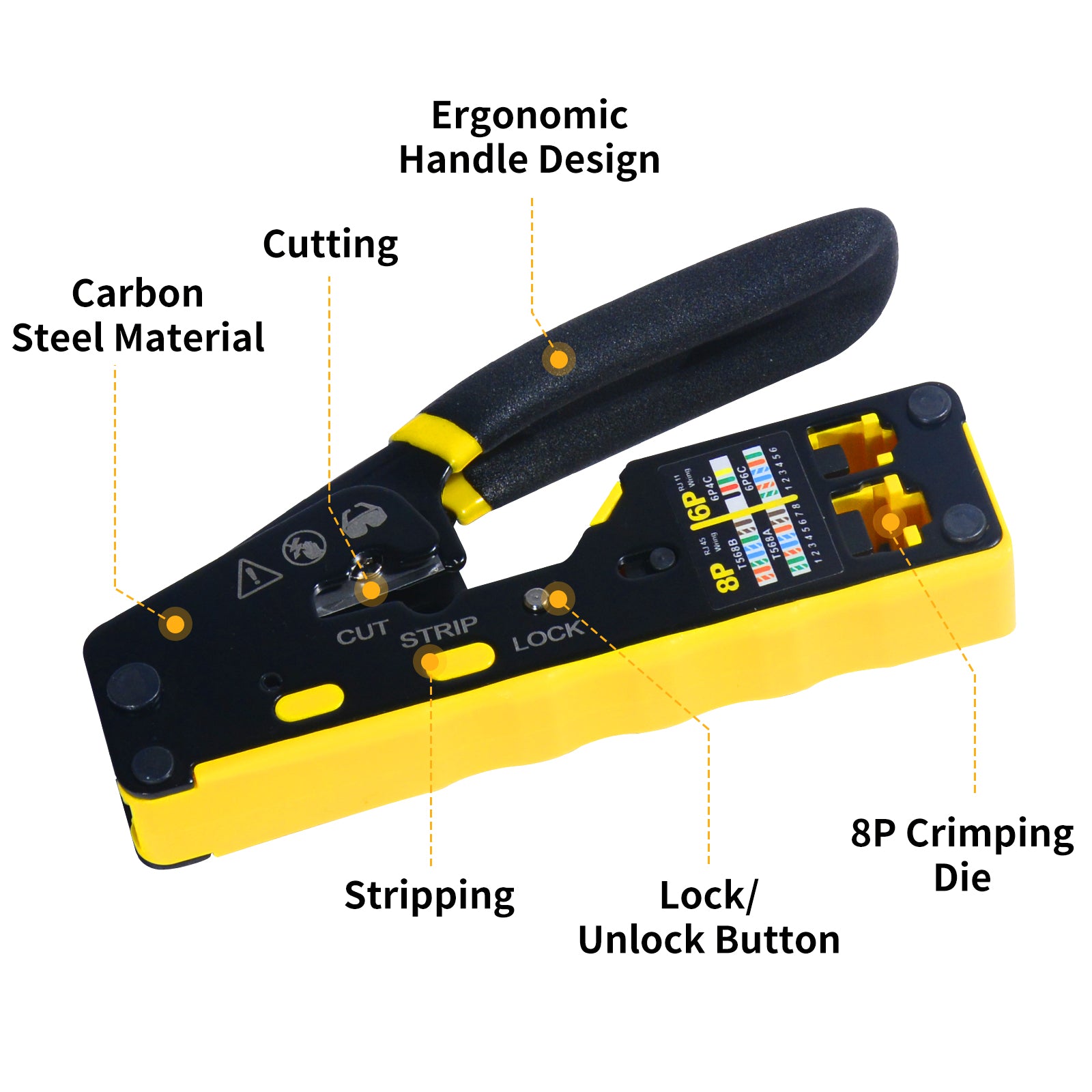 DQQKMM Ethernet Crimping Tool Kit RJ45 Crimp Tools, Cat5 Cat5e Cat6 Tool Kit with Cable Tester, Network Stripper, Blades, 50PCS Cat6 Pass Through Connectors and Strain Relief Boots